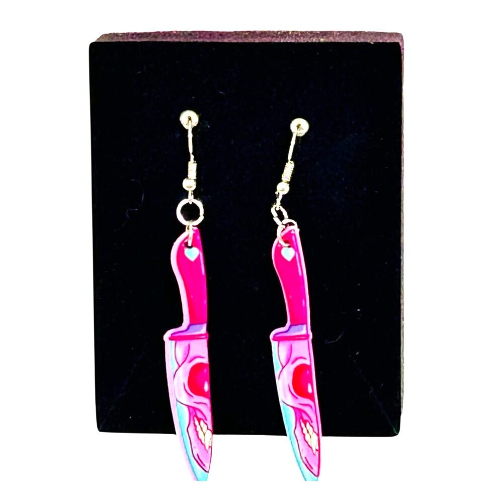 Bright Pink Skull Butcher Knife Dangle Earrings Goth Alt